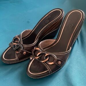 Cole Haan 9.5 slide wood leather copper 3.5 inch rise